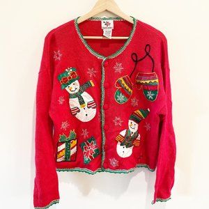 Vintage Nut Cracker Womens Red Christmas Snowmen Button Front Sweater Size L